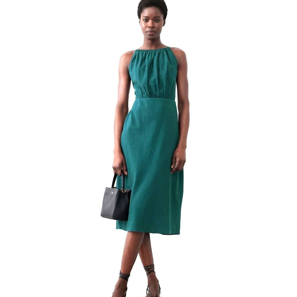 Banana Republic Teal Green Linen Halter Midi Dress Open Back Sz 4 Wedding Guest